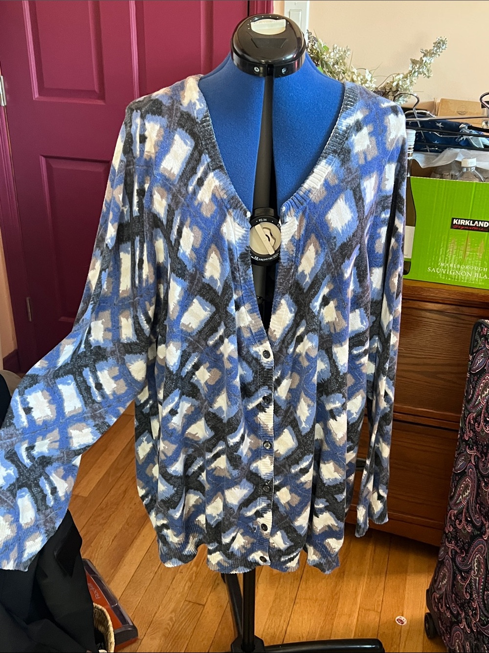 Lane Bryant Blue, White and Gray Geometric Button-Front Cardigan